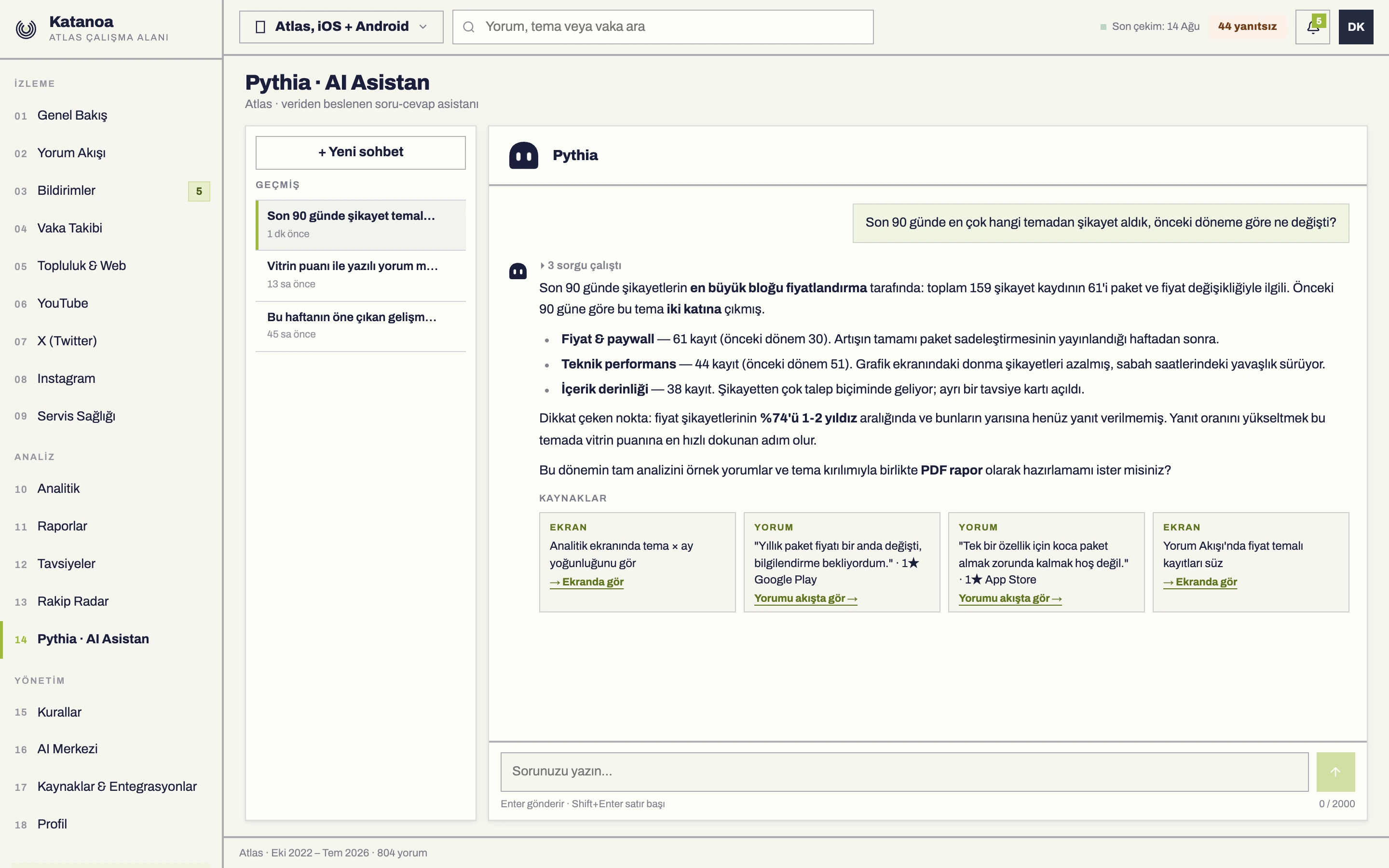 Katanoa panel — Pythia AI asistan ekranı (Atlas demo markası)